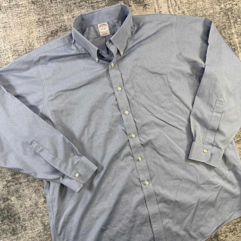 Brooks Brothers Dress Shirt Mens 18 35 Blue Traditional Non Iron Cotton Wedding